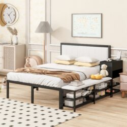 Full Size Platform Bed With 2 Tier Storage Shelves, Storage Cabinet - Black