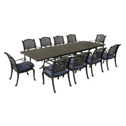 Rectangular 10 Person 126.38" Long Dining Set With Navy Blue Cushions - Antique Navy Blue