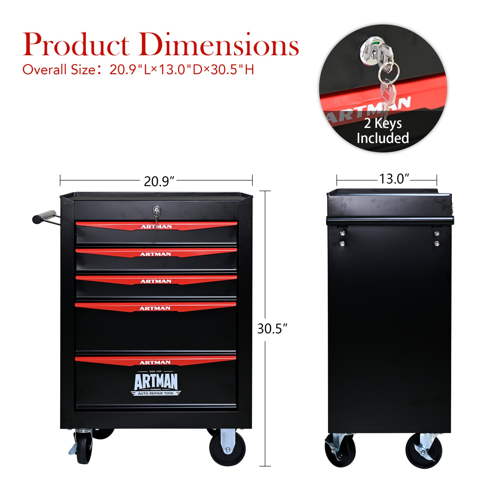 Rolling Metal Tool Chest With 5 Drawers, 20" Steel Storage Cabinet With Ball Bearing Slides - Black / Red - Image 8