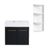 Modern Wall Mounted Bathroom Vanity, Thick Edged Resin Sink And Storage Rack Plywood - Black Chestnut - Image 5
