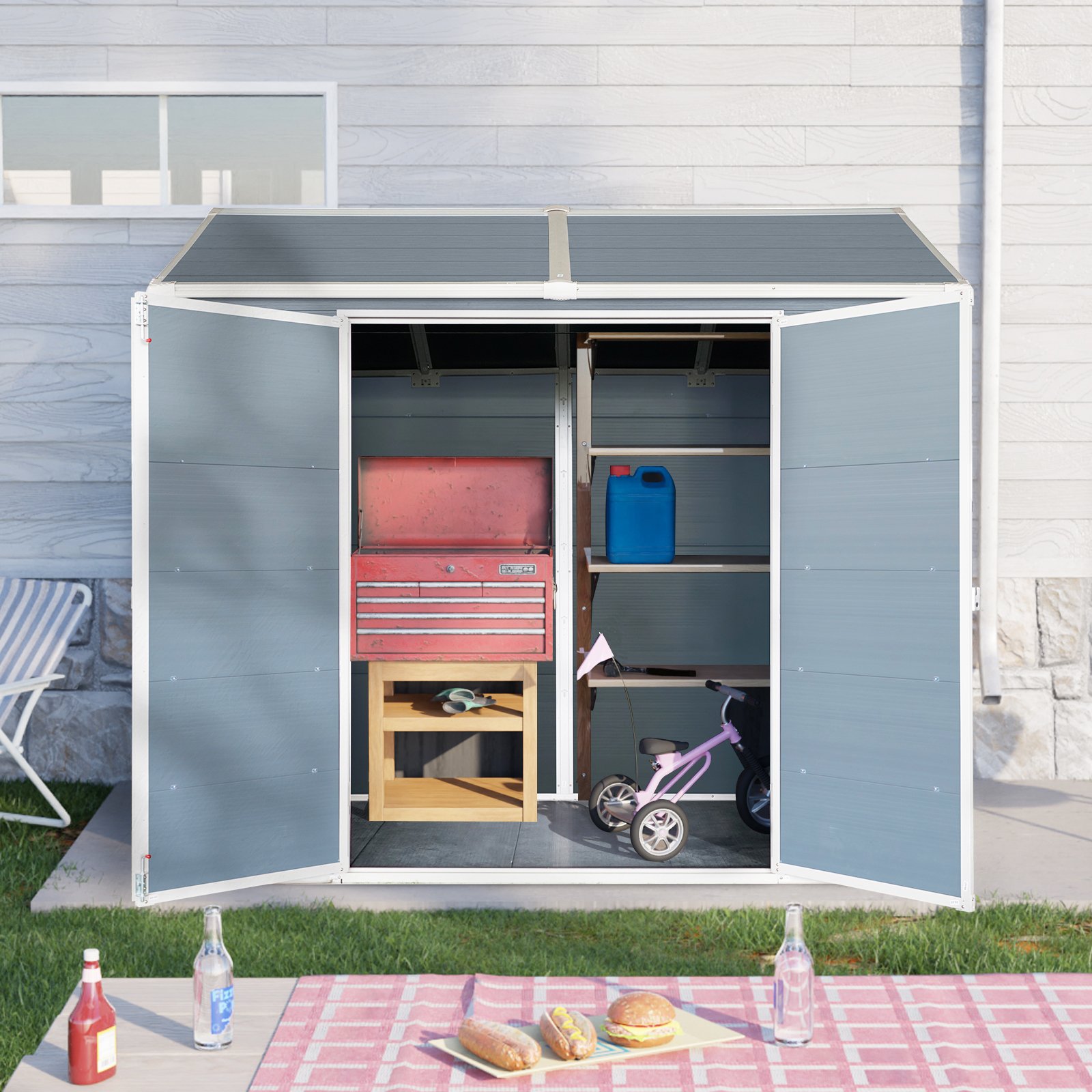 8 X 4Ft Resin Outdoor Storage Shed With Two - Window And Double - Door, Plastic Shed With Floor For Gargen, Patio, Yard, Lawn - Gray - Image 4