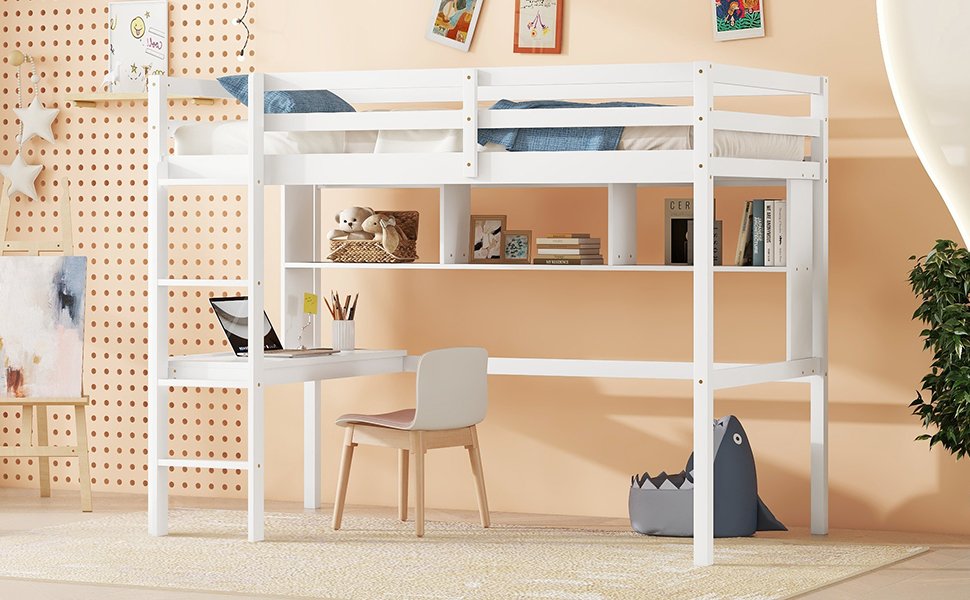 Twin Size Loft Bed With Desk And Shelves, Safety Guardrail And Ladder - White - Image 8