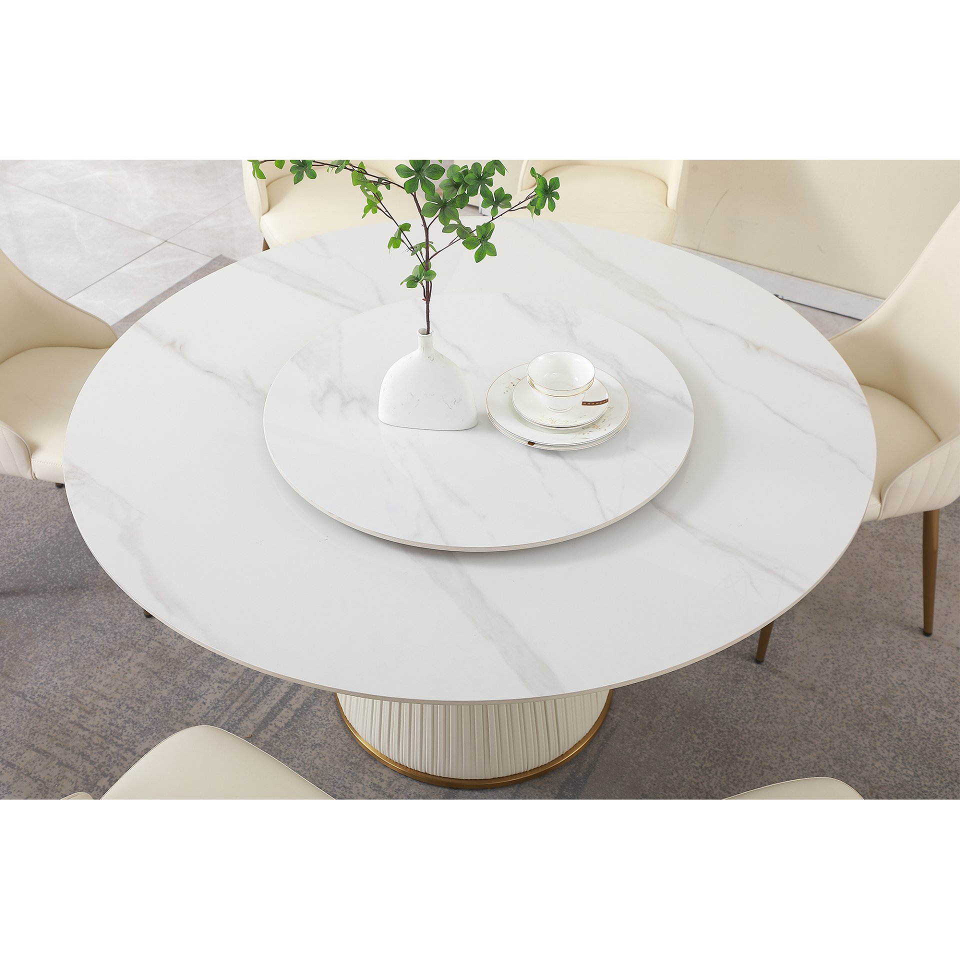 Modern Sintered Stone Dining Table With Round Turntable, Wood And Metal Pedestal, 8 Chairs - White - Image 6