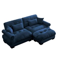 Modern Velvet 2 Seater Sofa With Ottoman Round Bolster Armrests Waist And Throw Pillows L Shape - Blue