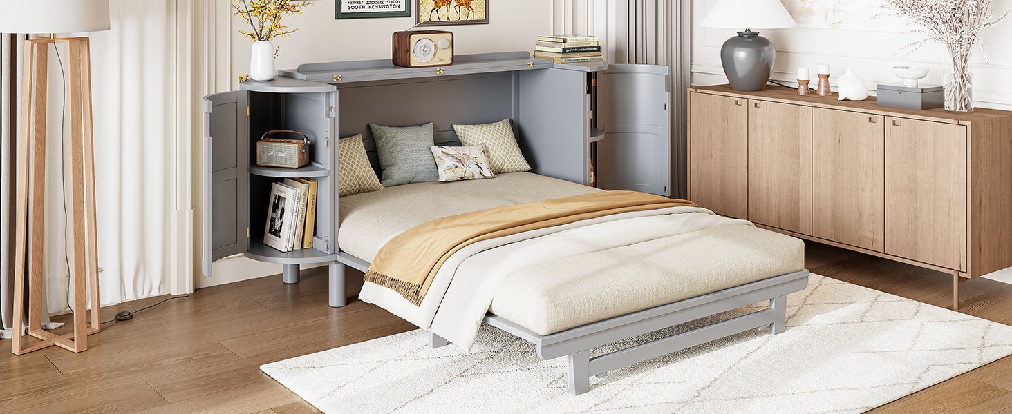 Queen Murphy Bed With Hidden Storage & Modern Woven Design - Gray - Image 17