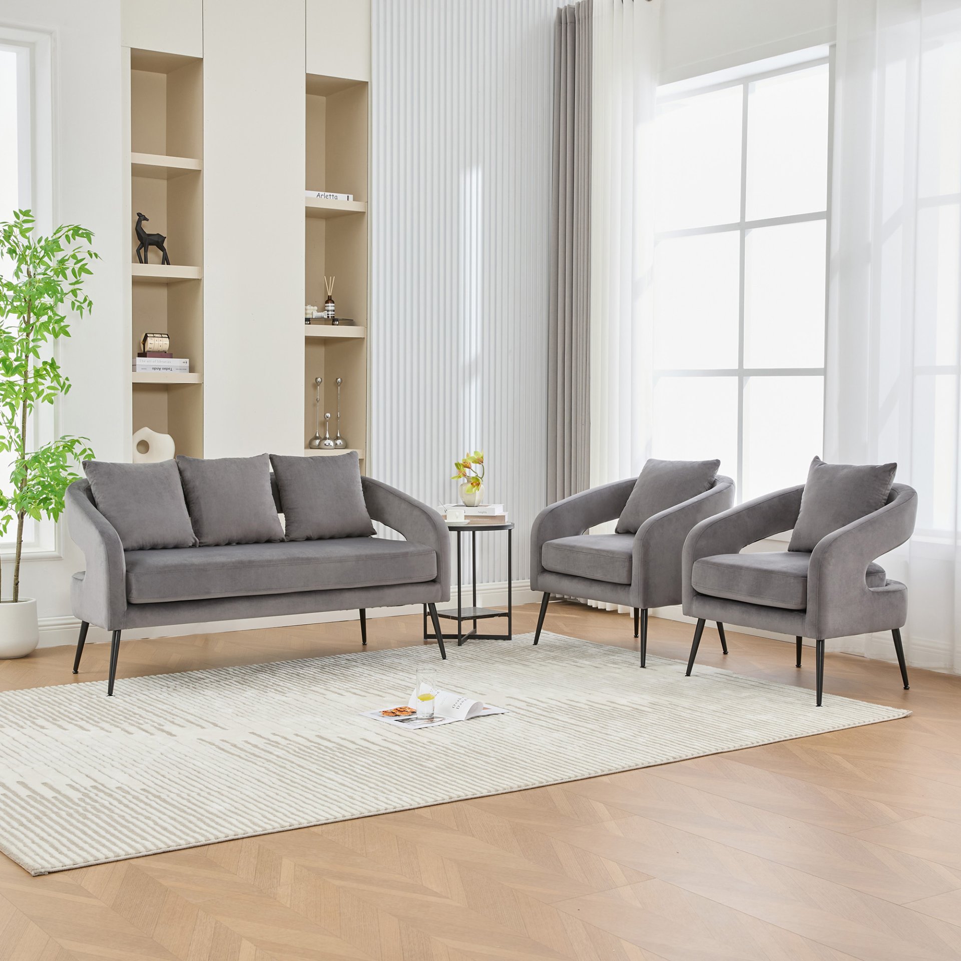3 Piece Upholstered Sofa Set, Loveseat & 2 Accent Chairs For Small Living Spaces - Charcoal - Image 4