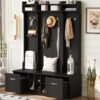 5 In 1 Entryway Bench With Coat Rack, 7 Sturdy Hooks, 2 Spacious Drawers And Adjustable Shelves, Wide Hall Tree With Metal Handles For Hallway - Black - Image 7
