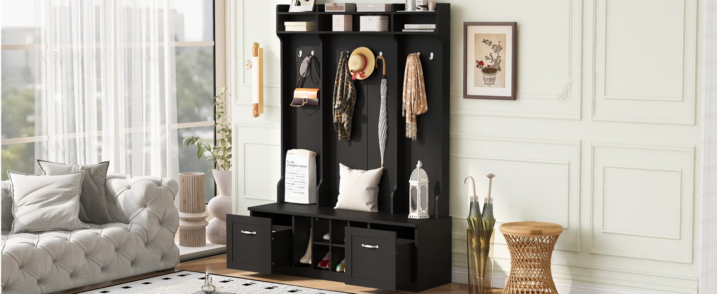 5 In 1 Entryway Bench With Coat Rack, 7 Sturdy Hooks, 2 Spacious Drawers And Adjustable Shelves, Wide Hall Tree With Metal Handles For Hallway - Black - Image 7