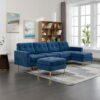 Elegant Convertible L - Shape Sectional Sofa Couch With Movable Ottoman, Velvet Upholstery - Blue - Image 6