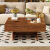Mid Century Modern Coffee Table, Unique Square Wooden Coffee Table With 3 Drawers, Tempered Glass And Solid Wood Legs For Living Room - Brown - Image 5