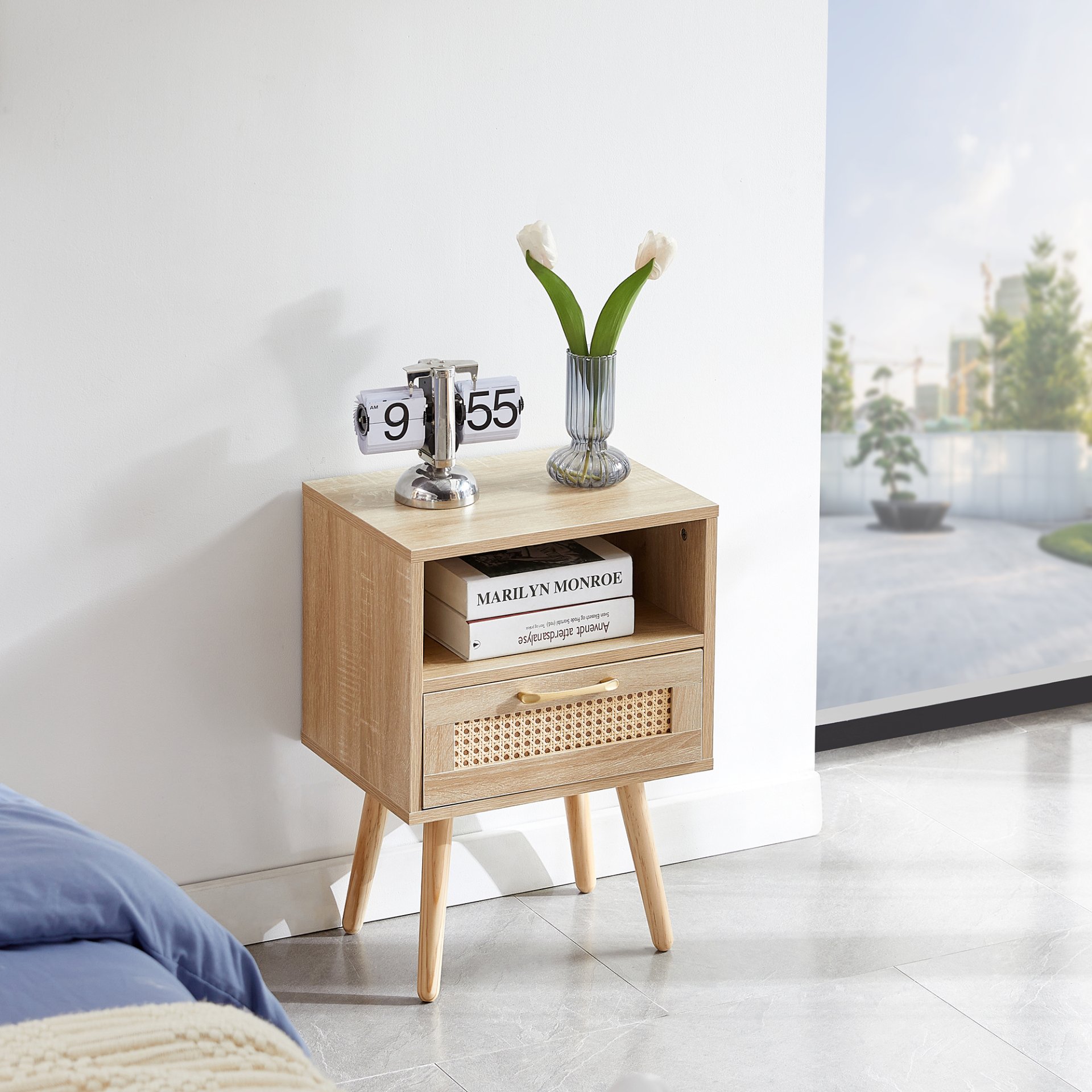 15.75" Rattan End Table With Drawer And Solid Wood Legs, Modern Nightstand, Side Table For Living Room, Bedroom - Natural - Image 2