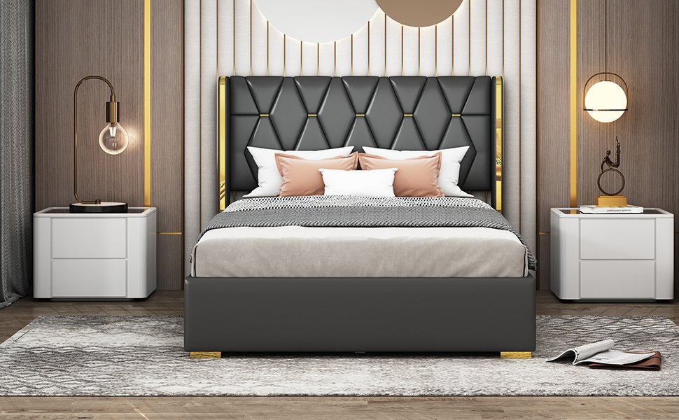Full Size Upholstered Platform Bed With Strips - Black - Image 16
