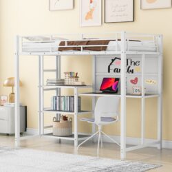 Twin Size Loft Bed With Desk And Whiteboard, Loft Bed With 3 Shelves And Ladder - White