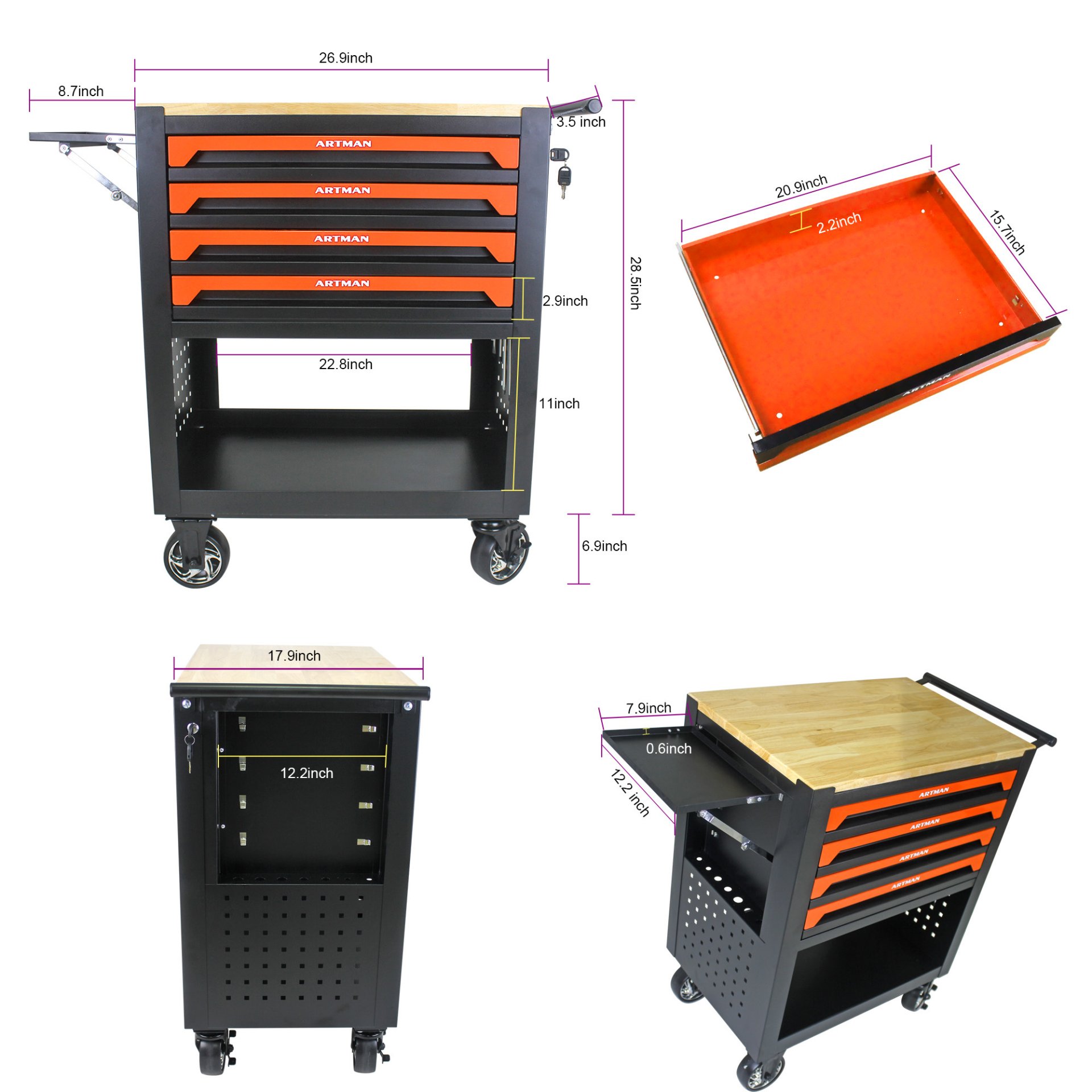 4 Drawers Multifunctional Tool Cart With Wheels And Wooden Top - Orange - Image 3