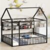 Full Size Bed House Frame With Fence And Shelves - Black - Image 12