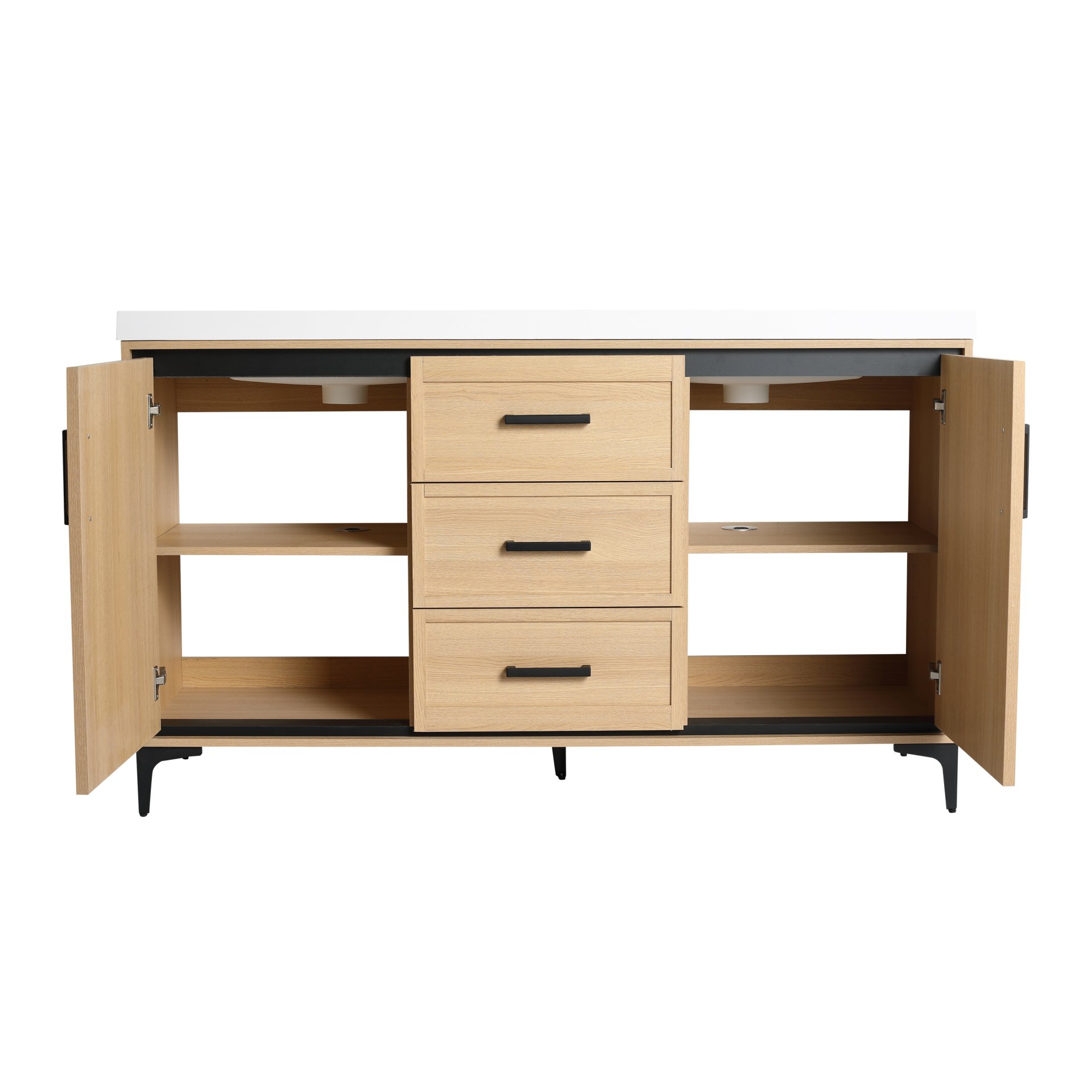 Original 60" Freestanding Bathroom Vanity With Double Resin Sink Plywood Soft Closing Doors & Drawers - Oak - Image 16