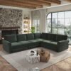 L-Shaped Sofa Couch With Pull Out Bed With Nailhead Trim & Rolled Arm, Sectional Couches, For Living Room - Green - Image 4