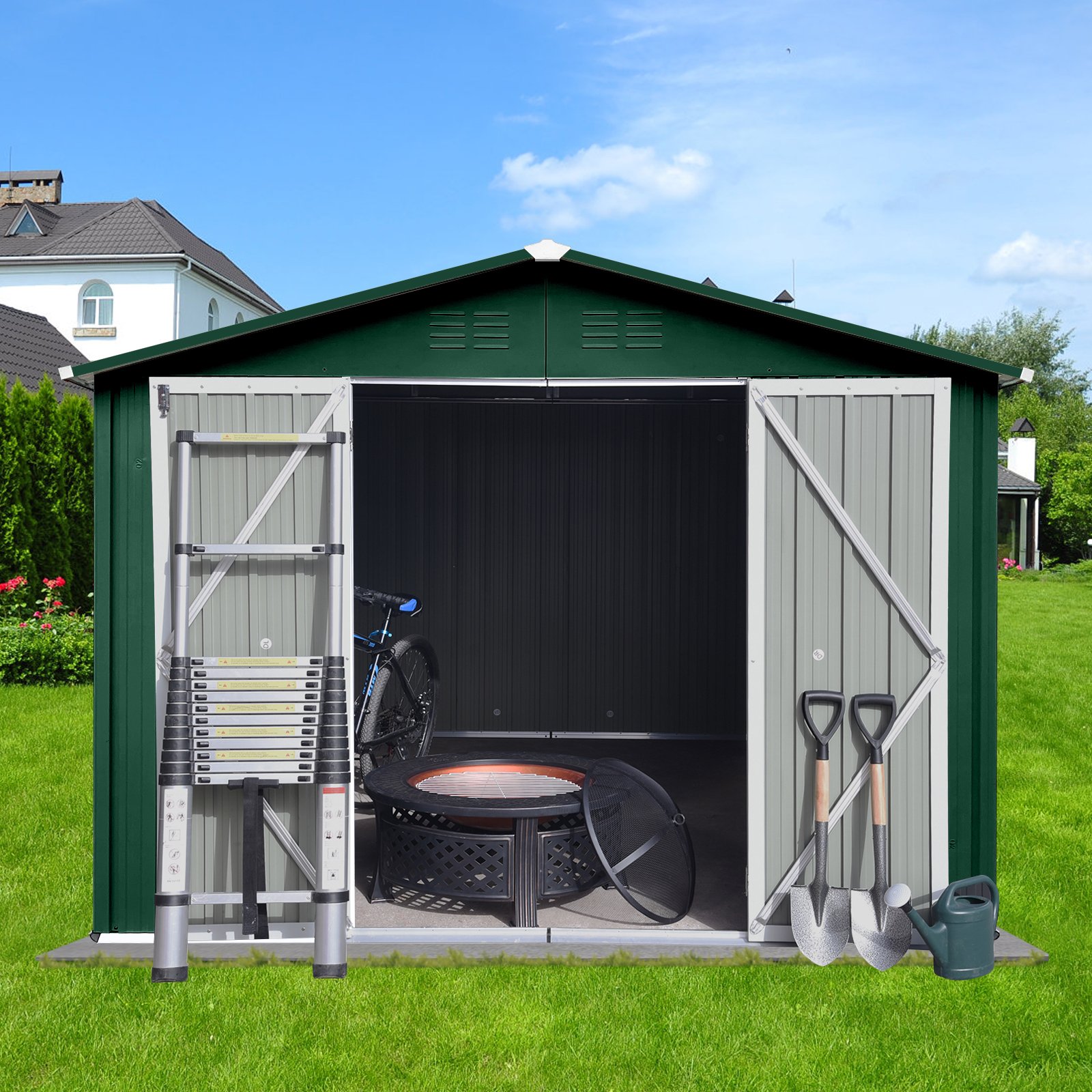 10'x8' Garden Sheds Outdoor Storage Sheds - Green / White - Image 4