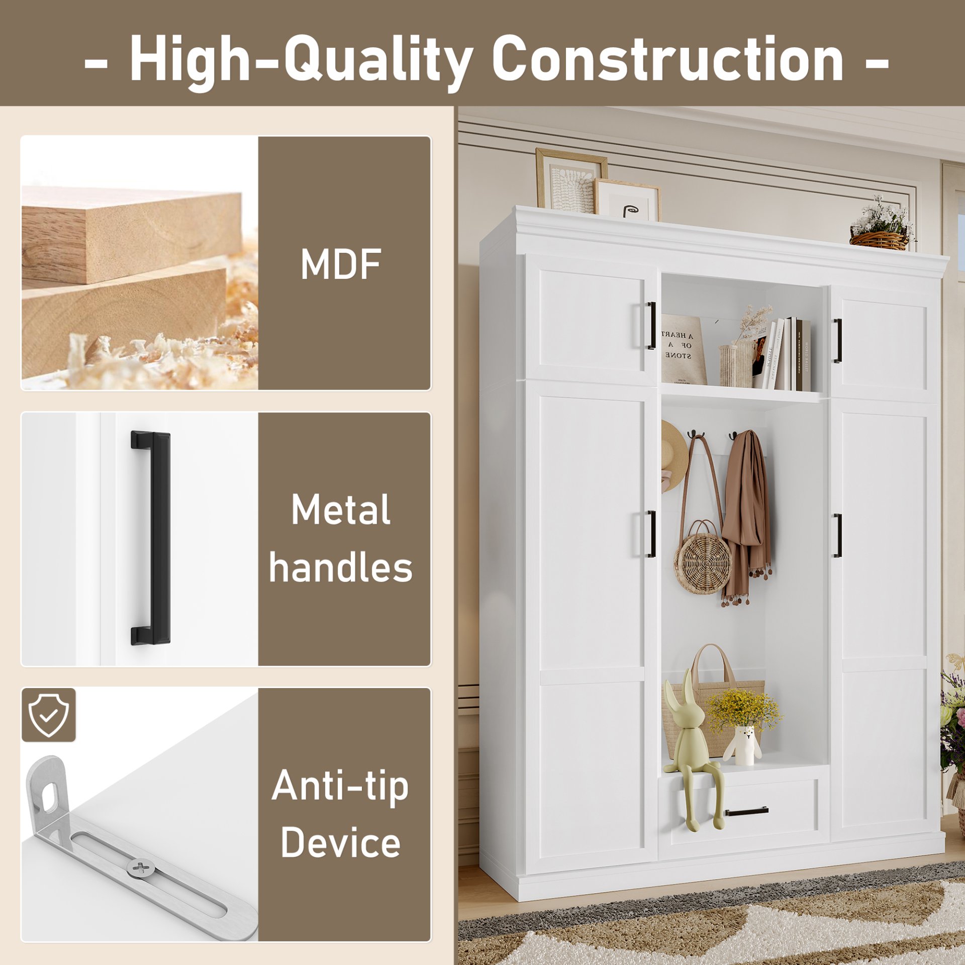 Hall Tree With Bench And 3 Hooks, Modern Entryway Storage Organizer Cabinet With 4 Doors, 1 Drawer And Adjustable Shelves For Hallway, Entryway, Living Room - White - Image 8