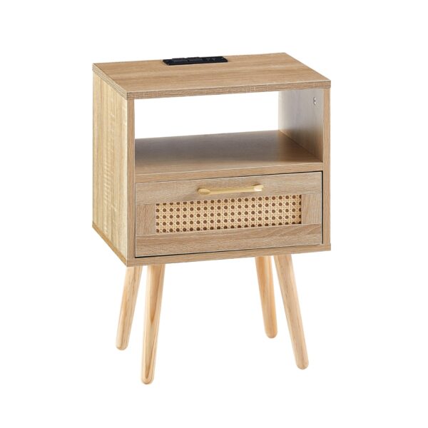 15.75" Rattan End Table With Power Outlet & USB Ports, Modern Nightstand With Drawer And Solid Wood Legs, Side Table For Living Room, Bedroom - Natural