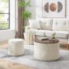Classic 2 Piece Round Chenille Storage Ottoman Set With Drum Shaped Stool And Desktop Panel - Beige - Image 3