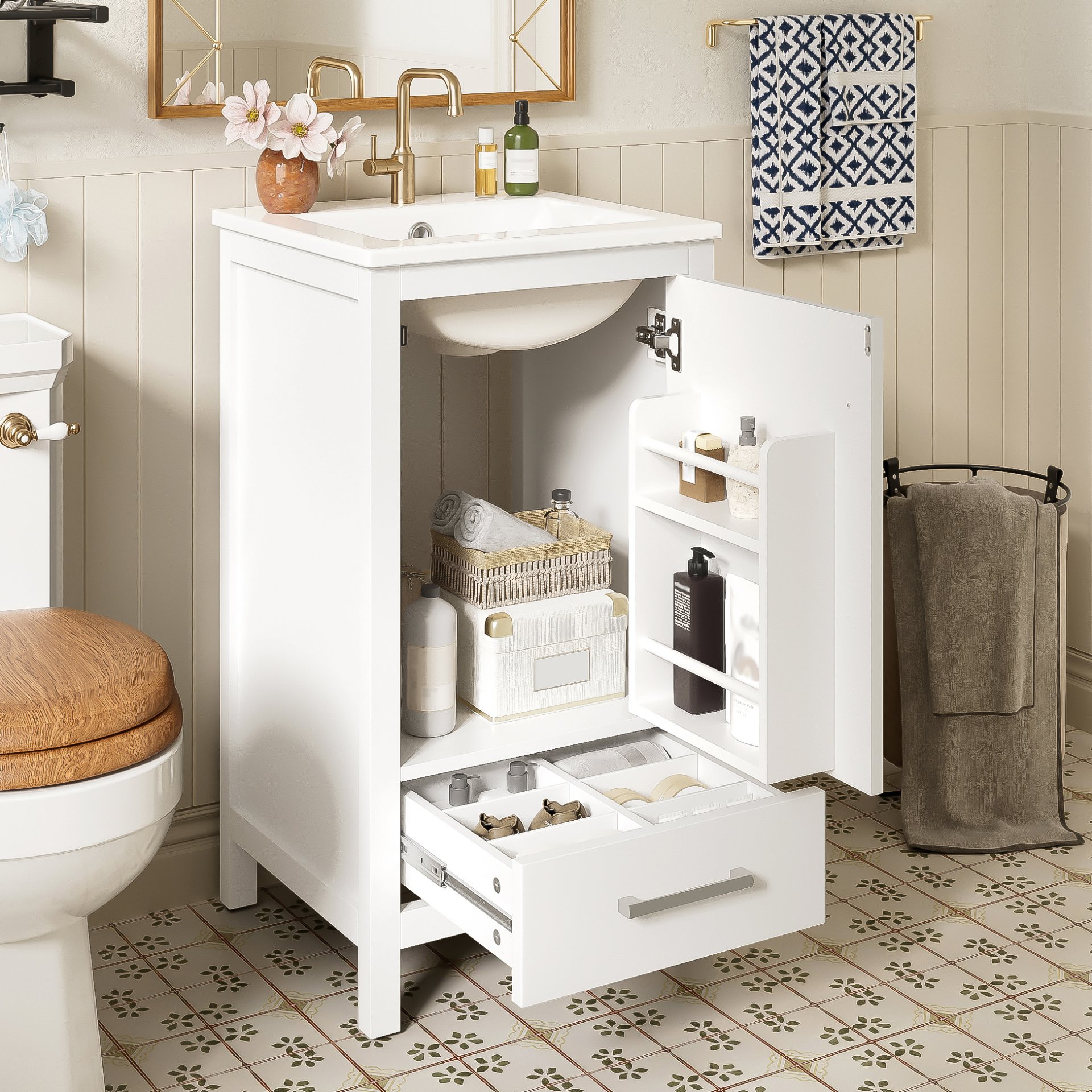 18" Bathroom Vanity With Sink, Soft Close Drawers, Door Organizer, Divider Drawer, Adjustable Foot Pads - White - Image 3