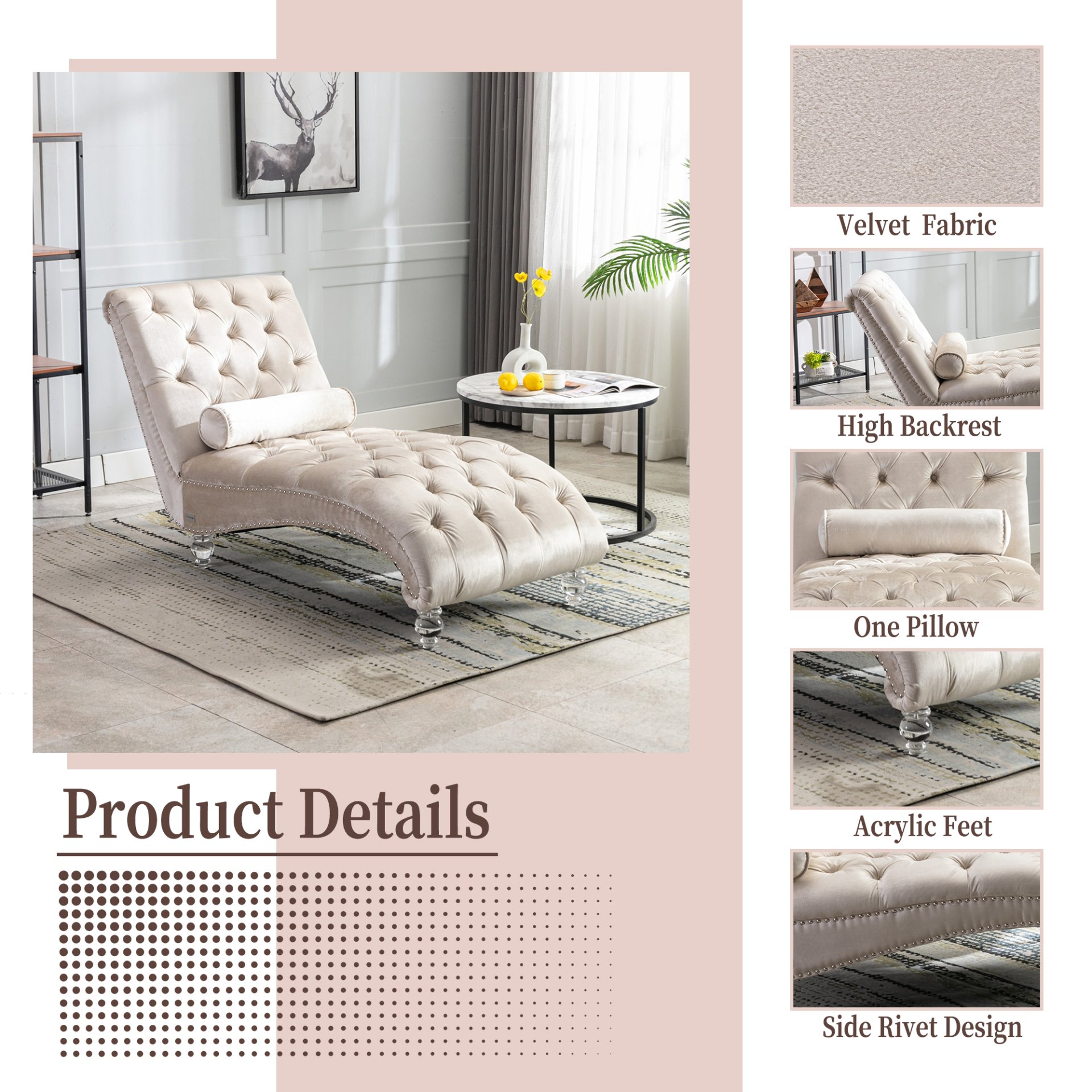 Velvet Chaise Lounge Indoor, Button Tufted Upholstered Chair With Pillow - Beige - Image 6