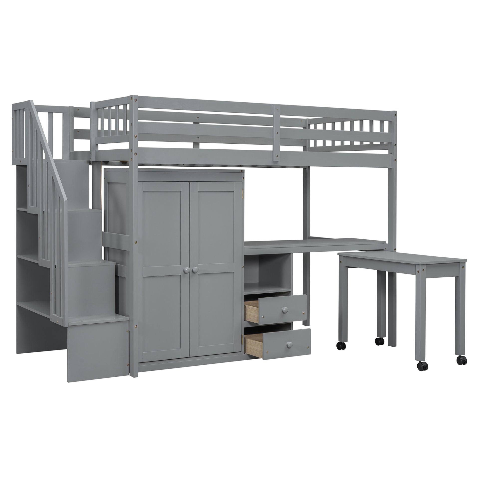 Twin Size Loft Bed With Stairs, Bookshelf, Drawers, Desk & Wardrobe, Space Saving Multifunctional Furniture - Gray - Image 6
