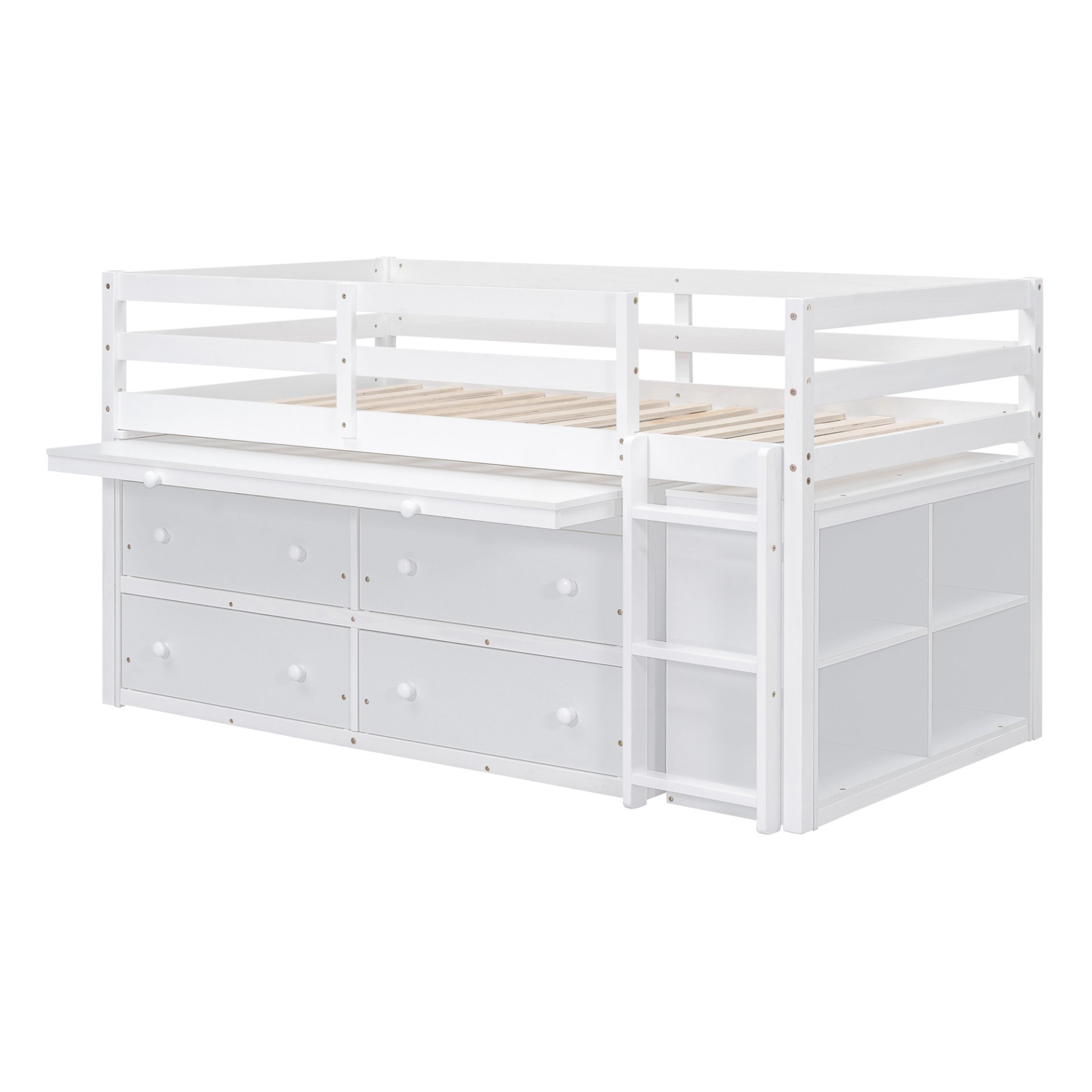Twin Size Loft Bed With Retractable Writing Desk And 4 Drawers, With Lateral Portable Desk And Shelves - White - Image 11