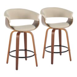 Vintage Mod - Mid-Century Modern Fixed Height Counter Stool With Swivel & Round Footrest (Set of 2) - Walnut / Cream