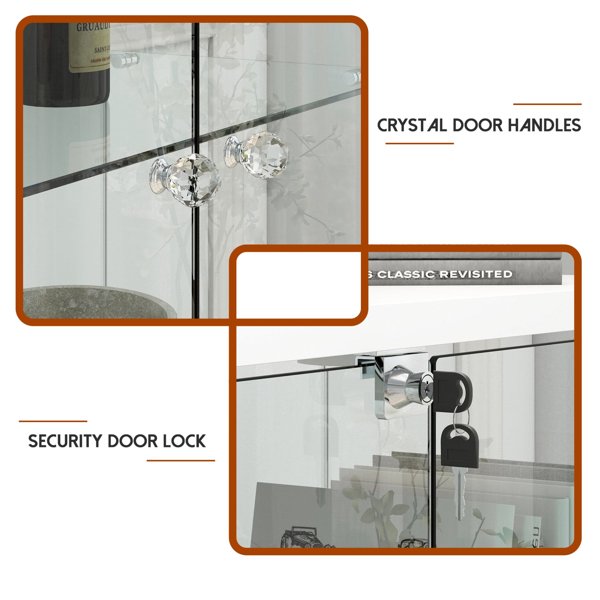 Glass Display Cabinet With LED Lights, Tempered Glass Doors, Large Drawers, 2 Door Storage Case With 4 Shelves - Natural / White - Image 16