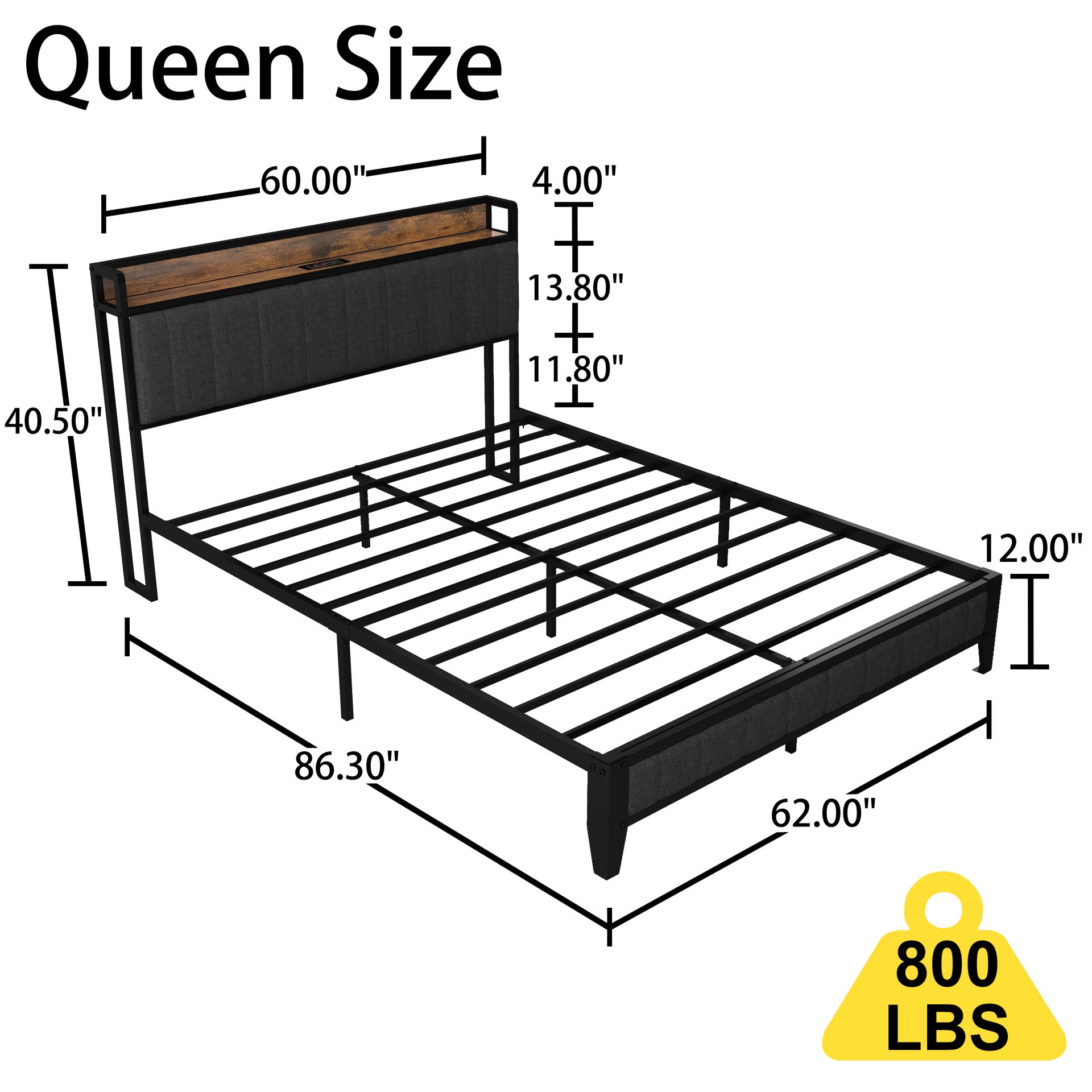 Queen Size Bed Frame With Charging Station, Upholstered Headboard, Metal Platform - Dark Gray - Image 3