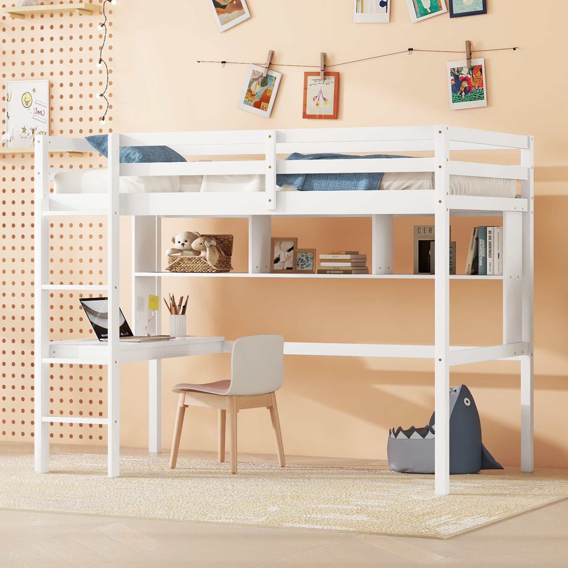 Twin Size Loft Bed With Desk And Shelves, Safety Guardrail And Ladder - White - Image 2