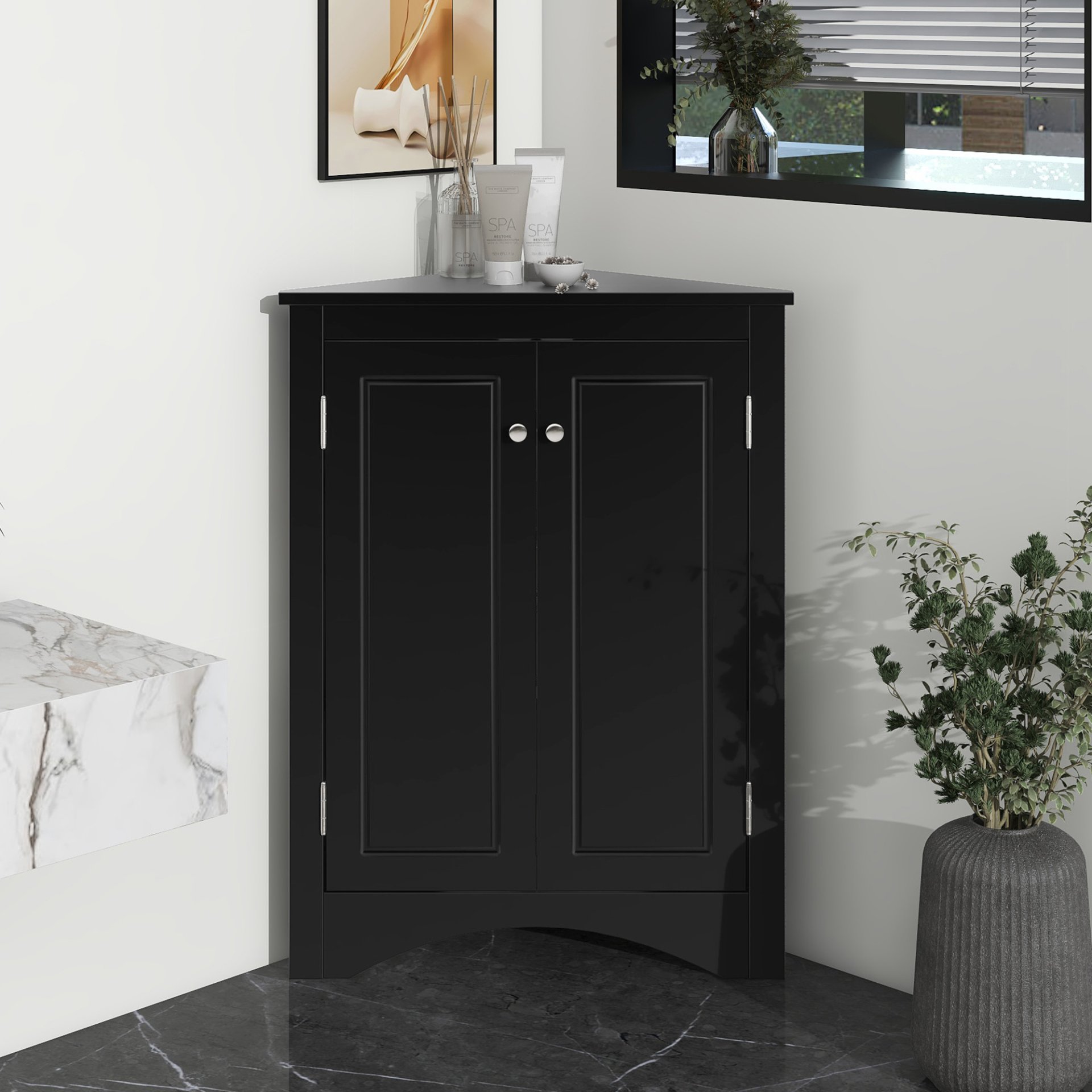 Triangle Bathroom Storage Cabinet With Adjustable Shelves, Freestanding Floor Cabinet For Home Kitchen - Black - Image 2