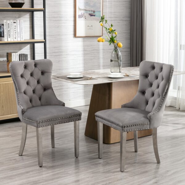 Nikki - Modern, High-End Tufted Solid Wood Contemporary Velvet Upholstered Dining Chair With Chrome Stainless Steel Plating Legs, Nailhead Trim (Set of 2) - Gray / Chrome