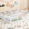 Double Twin Floor Bed With Fence, Guardrails, Without Door - White - Image 7