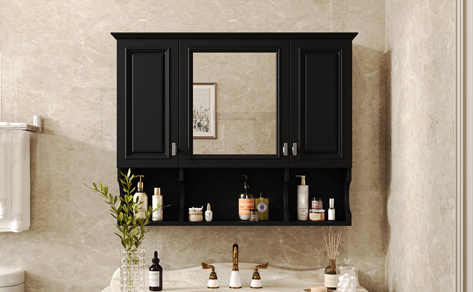 Wall Mounted Bathroom Medicine Cabinet, Modern Bathroom Wall Cabinet With Mirror, Mirror Cabinet With Open Shelves - Black - Image 19