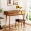 Classic Wood Makeup Vanity Set With Flip-Top Mirror And Stool, Dressing Table With Three Drawers And Storage Space - Brown - Image 2