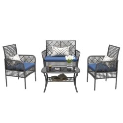Outdoor Patio Furniture Set, 4 Pieces Rattan Wicker Chairs With Tempered Glass Table And Cushions - Blue