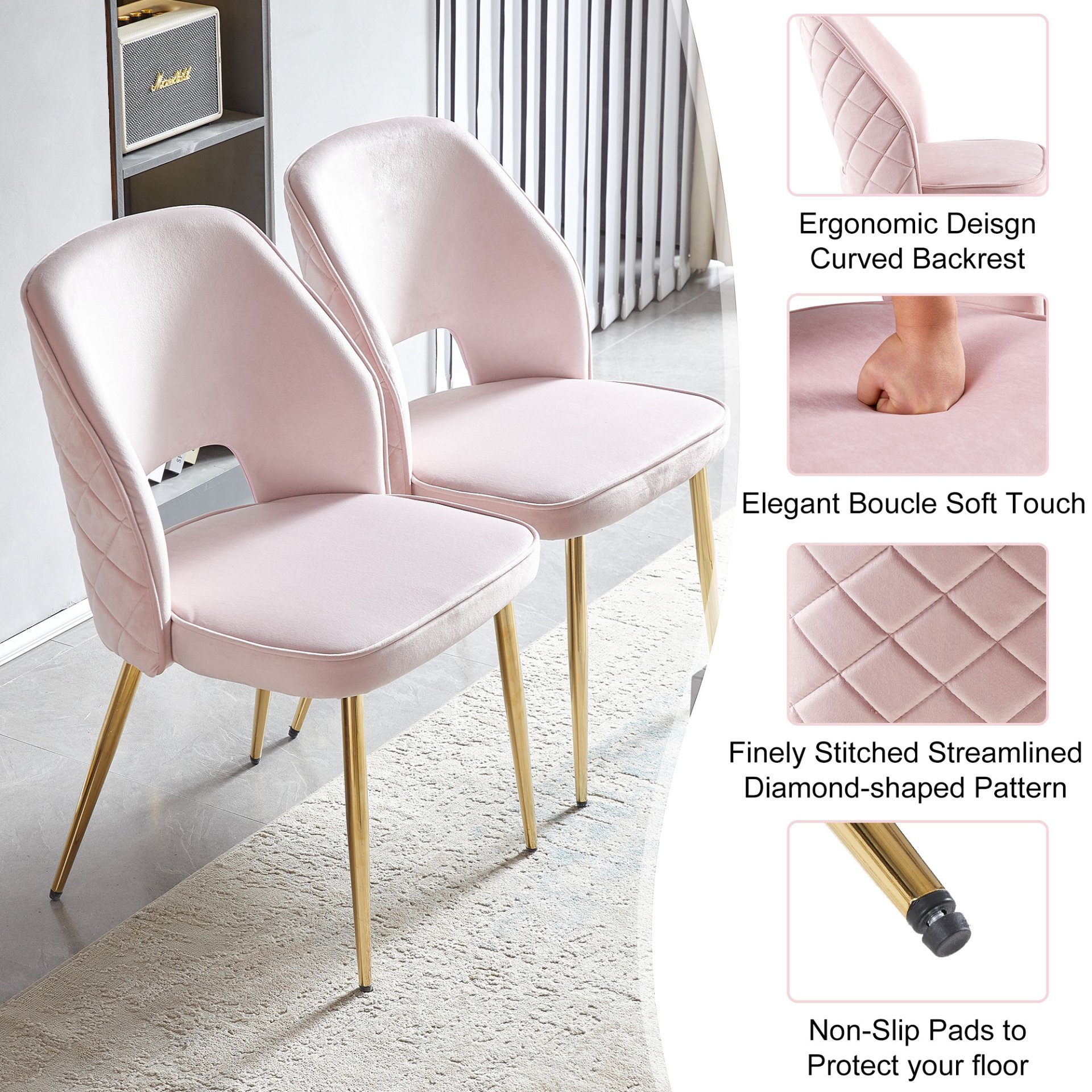 Velvet Dining Chairs With Metal Legs And Hollow Back Upholstered Dining Chairs (Set of 4) - Pink - Image 7