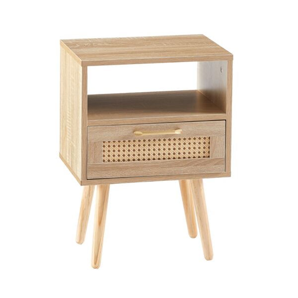 15.75" Rattan End Table With Drawer And Solid Wood Legs, Modern Nightstand, Side Table For Living Room, Bedroom - Natural