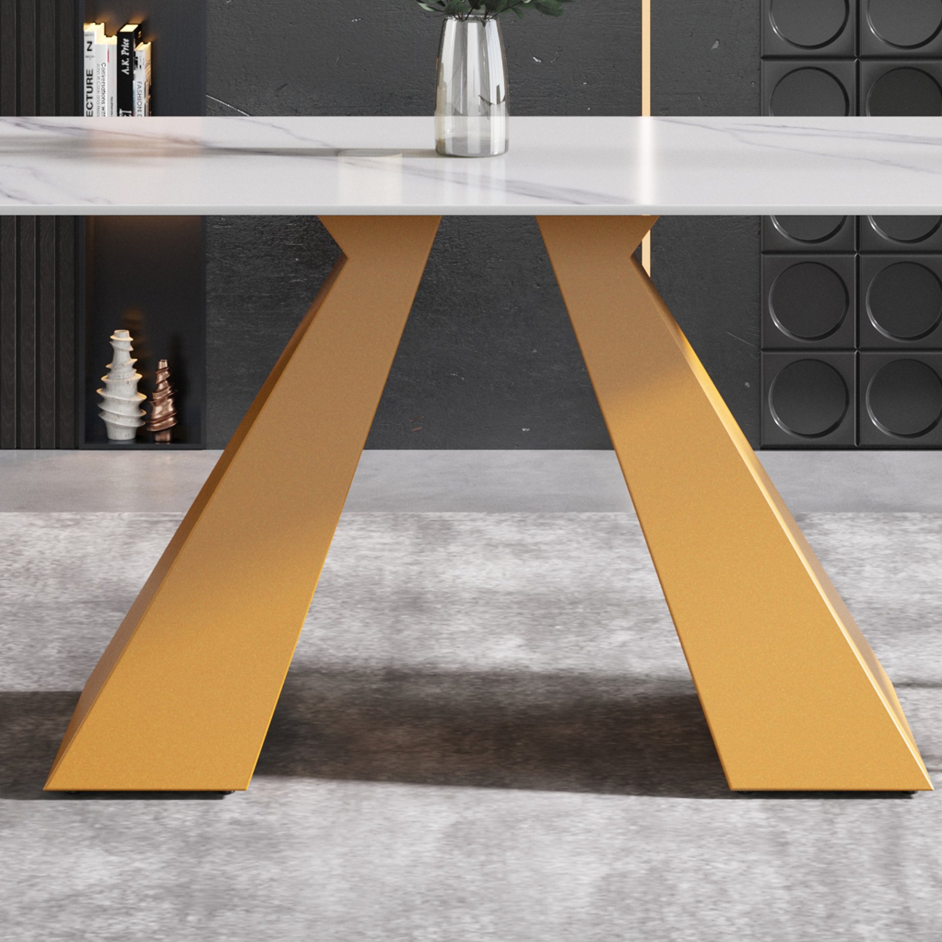 63" Modern Artificial Stone Straight Edge Golden Metal Leg Dining Table - White / Gold - Image 11