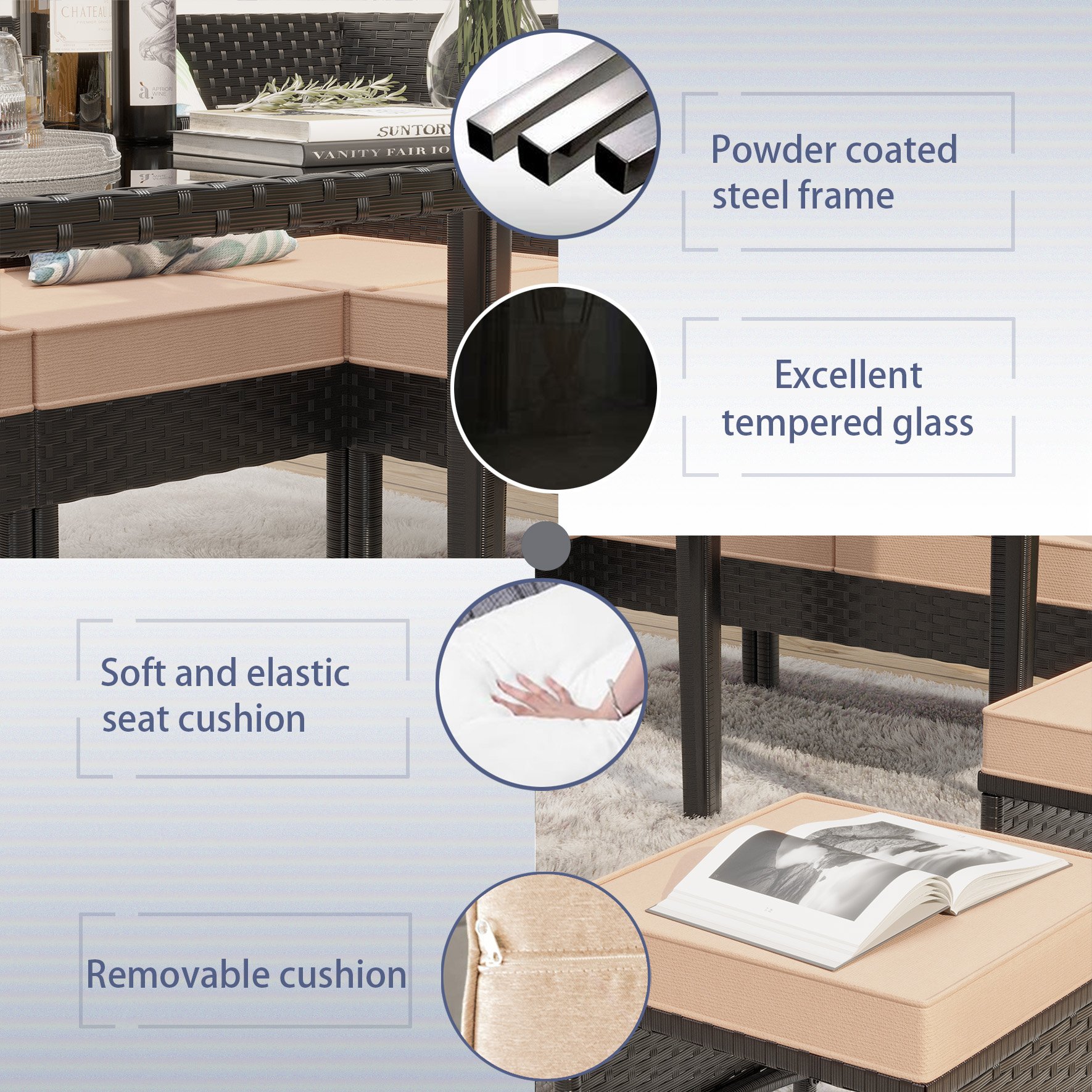 Small Space Patio Furniture 7 Piece Set With Waterproof Cushions And Glass Table, Suitable For Backyard, Terrace Or Garden - Khaki - Image 5