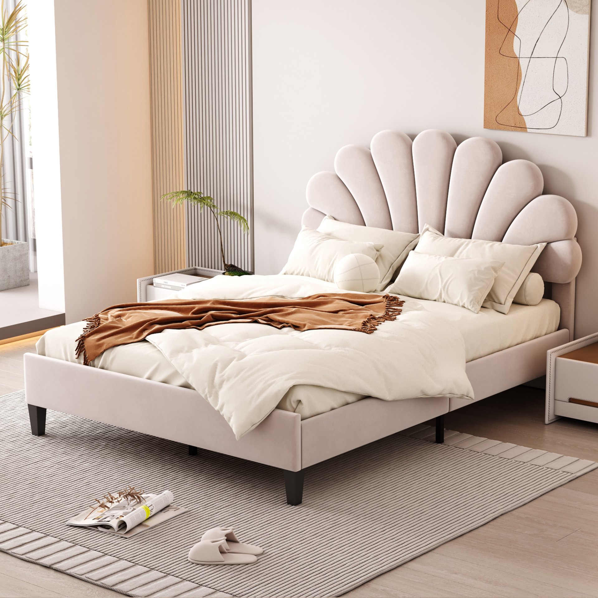 Full Size Upholstered Platform Bed With Flower Pattern Headboard - Beige - Image 2
