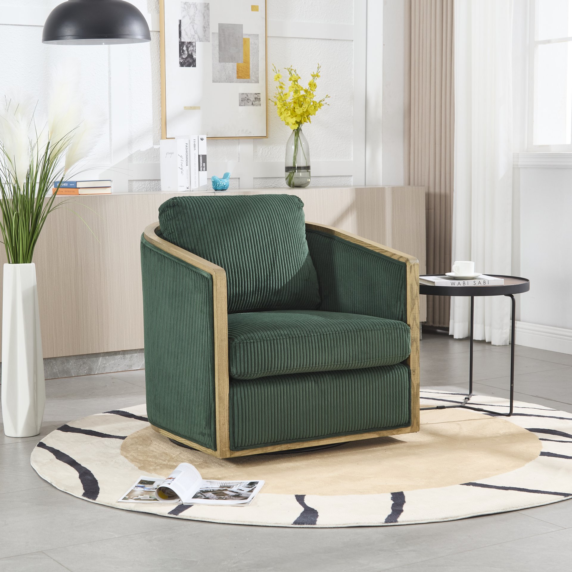 Corduroy Swivel Barrel Chair, Comfortable Accent Sofa Chair With 360 Degree Swivel For Living Room - Emerald - Image 2