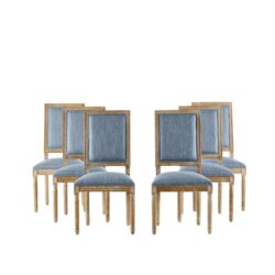 Rustic French Country Dining Chairs (Set of 6) With Cane Backrest & Upholstered Seats - Slate Blue