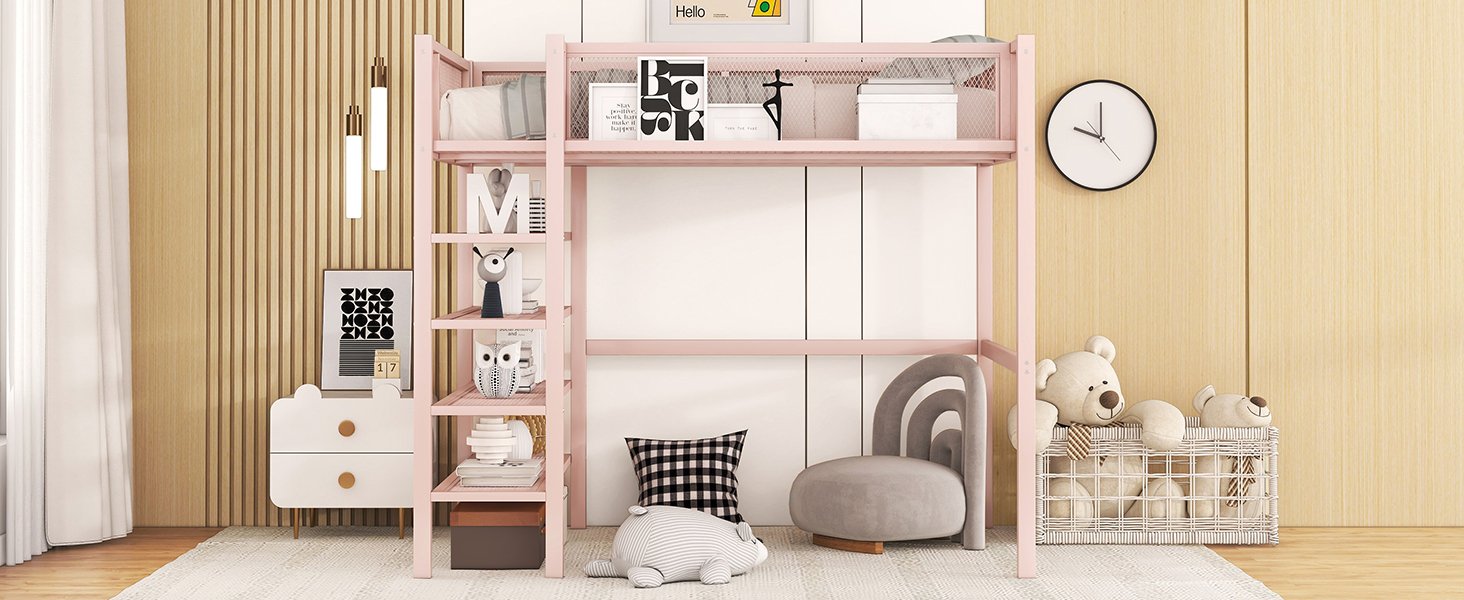 Twin Size Loft Bed With 4 Tier Shelves And Storage - Pink - Image 15