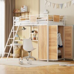 Twin Size Loft Bed With L Shape Desk And Wardrobe - White