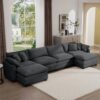 Modern Upholstered Corduroy Fabric Sofa With 3 Footstools And Pillows, 4 Seater - Gray - Image 11