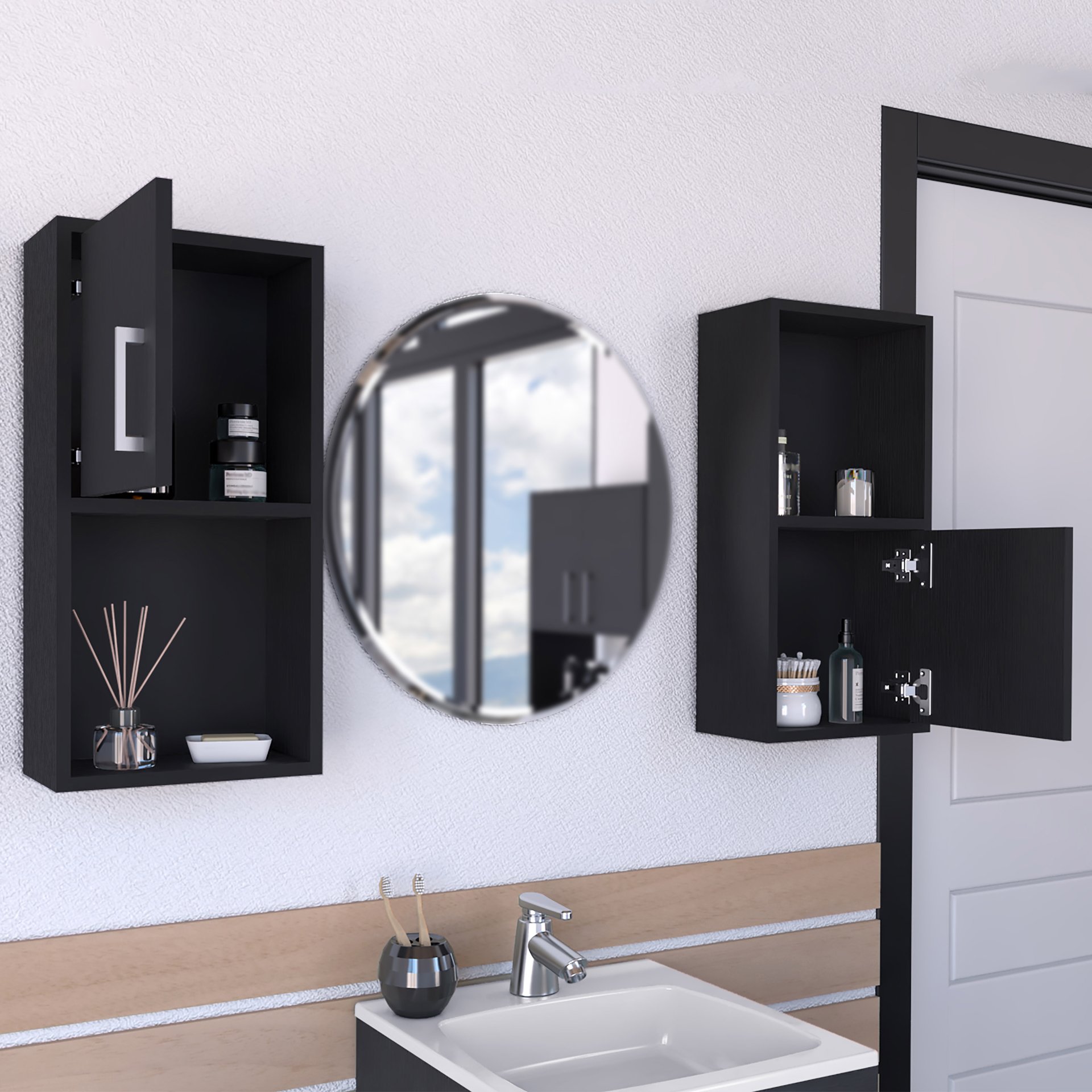 Wall Mounted Bathroom Medicine Cabinet Eak Two Doors, Two Shelves - Black - Image 4
